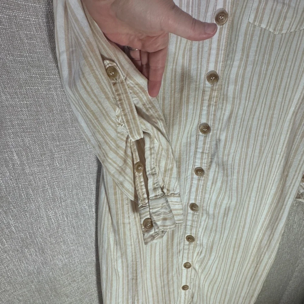 New York & Company Linen/Viscose Striped beige cream button up shirt dress Large - Picture 3 of 10